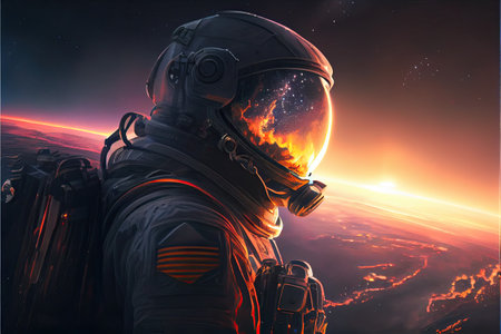 astronaut with galaxy in the sunset, cosmic background. Ai generativeの素材