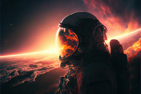 astronaut with galaxy in the sunset, cosmic background. Ai generativeの素材