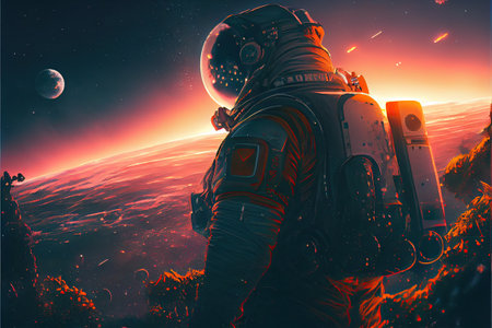 astronaut with galaxy in the sunset, cosmic background. Ai generativeの素材