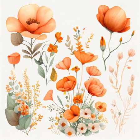 spring orange flowers clipart, vintage watercolor . AI Generativeの素材