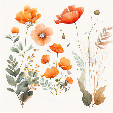 spring orange flowers clipart, vintage watercolor . AI Generativeの素材