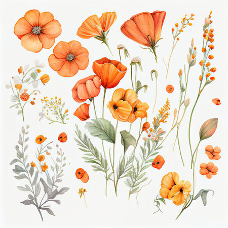 spring orange flowers clipart, vintage watercolor . AI Generativeの素材