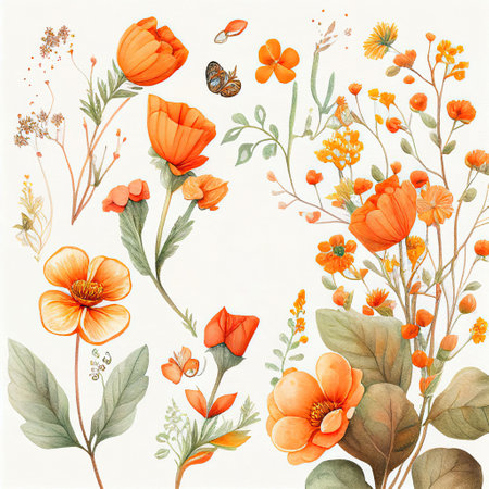 spring orange flowers clipart, vintage watercolor . AI Generativeの素材