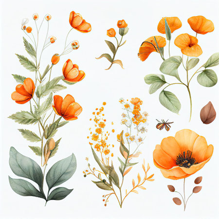spring orange flowers clipart, vintage watercolor . AI Generativeの素材