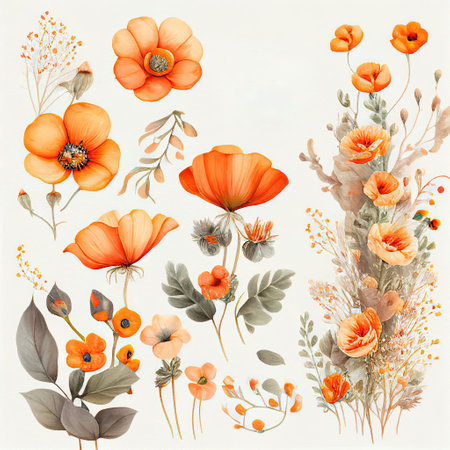 spring orange flowers clipart, vintage watercolor . AI Generativeの素材