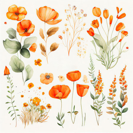spring orange flowers clipart, vintage watercolor . AI Generativeの素材