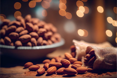 hundreds of almonds on a beautiful burlap rustic table. Generative aiの素材