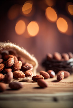 hundreds of almonds on a beautiful burlap rustic table. Generative aiの素材