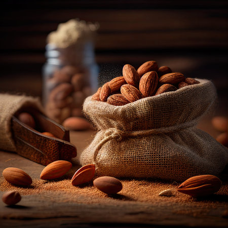 hundreds of almonds on a beautiful burlap rustic table. Generative aiの素材