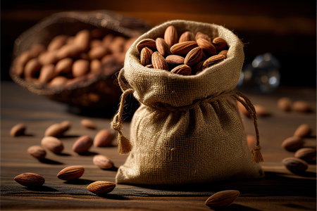 hundreds of almonds on a beautiful burlap rustic table. Generative aiの素材