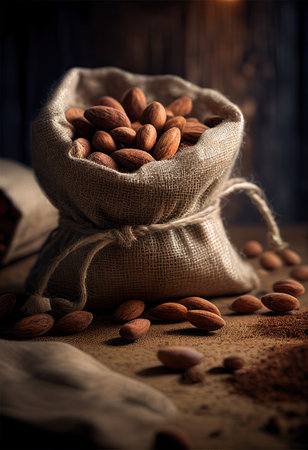 hundreds of almonds on a beautiful burlap rustic table. Generative aiの素材