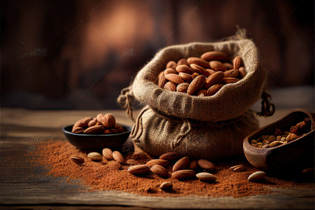 hundreds of almonds on a beautiful burlap rustic table. Generative aiの素材