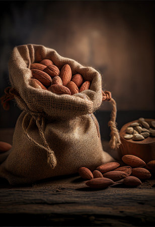 hundreds of almonds on a beautiful burlap rustic table. Generative aiの素材
