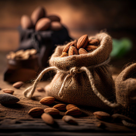 hundreds of almonds on a beautiful burlap rustic table. Generative aiの素材