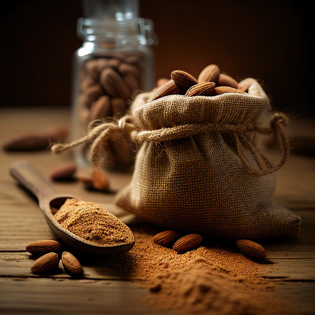 hundreds of almonds on a beautiful burlap rustic table. Generative aiの素材