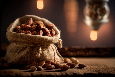 hundreds of almonds on a beautiful burlap rustic table. Generative aiの素材