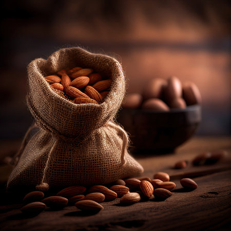hundreds of almonds on a beautiful burlap rustic table. Generative aiの素材
