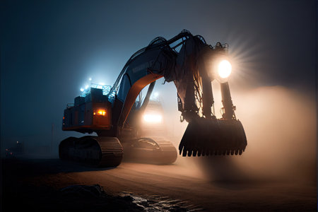 large scale coal excavator moody lights fog, Generative aiの素材