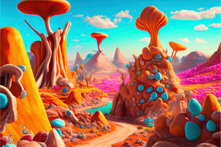fantasy Mushroom Valley, Abstract illustration. Ai generativeの素材