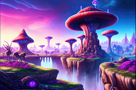 fantasy Mushroom Valley, Abstract illustration. Ai generativeの素材