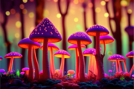 fantasy Mushroom Valley, Abstract illustration. Ai generativeの素材