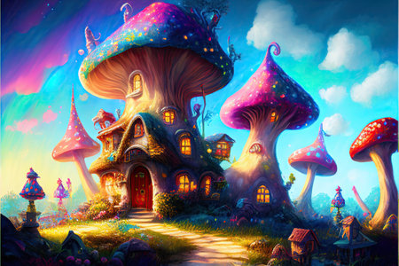 fantasy Mushroom Valley, Abstract illustration. Ai generativeの素材