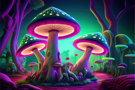 fantasy Mushroom Valley, Abstract illustration. Ai generativeの素材