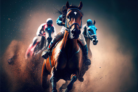 Horses sport, horse racing in track. AI Generativeの素材