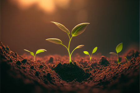 illustration of seedlings being grown in rich soil in the morning light. Generative ai.の素材
