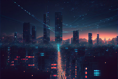 Night cityscape with visualized digital network . Ai generativeの素材