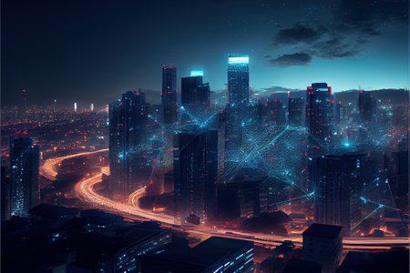 Night cityscape with visualized digital network . Ai generativeの素材