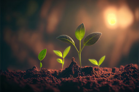 illustration of seedlings being grown in rich soil in the morning light. Generative ai.の素材