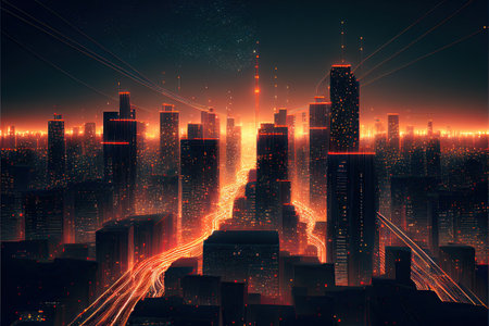 Night cityscape with visualized digital network . Ai generativeの素材