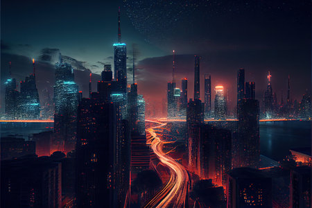 Night cityscape with visualized digital network . Ai generativeの素材