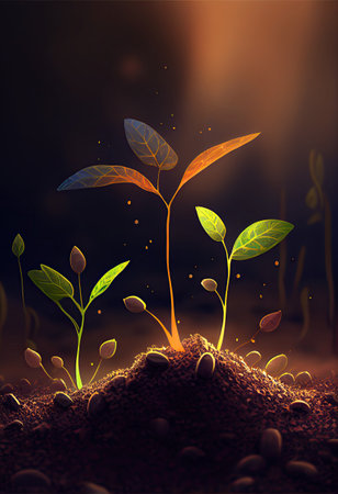 illustration of seedlings being grown in rich soil in the morning light. Generative ai.の素材
