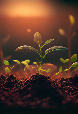 illustration of seedlings being grown in rich soil in the morning light. Generative ai.の素材