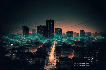 Night cityscape with visualized digital network . Ai generativeの素材