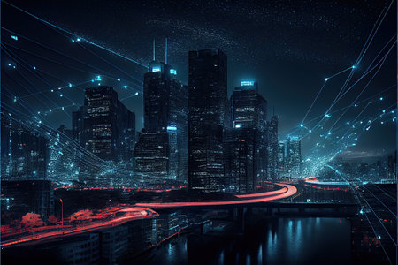 Night cityscape with visualized digital network . Ai generativeの素材