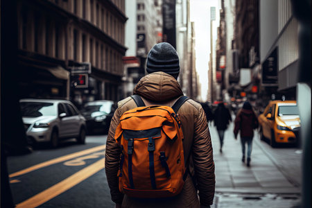 A tourist with a large backpack explores the city. AI Generativeの素材