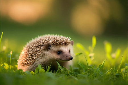 Small cute hedgehog pet on green grass outdoors on summer day.. Ai generativeの素材