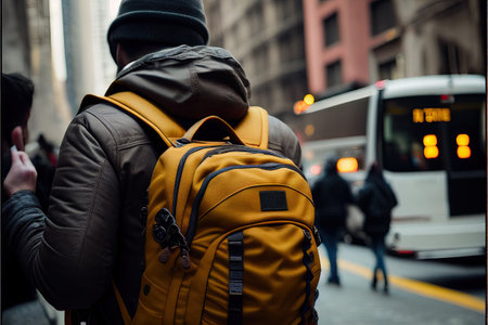 A tourist with a large backpack explores the city. AI Generativeの素材