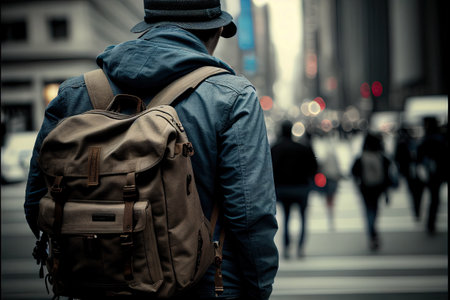 A tourist with a large backpack explores the city. AI Generativeの素材