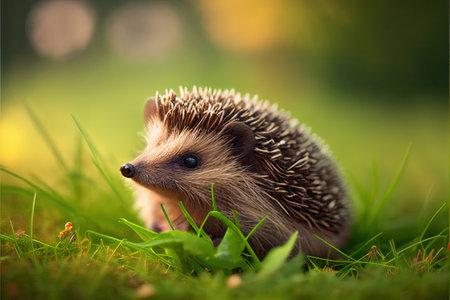 Small cute hedgehog pet on green grass outdoors on summer day.. Ai generativeの素材