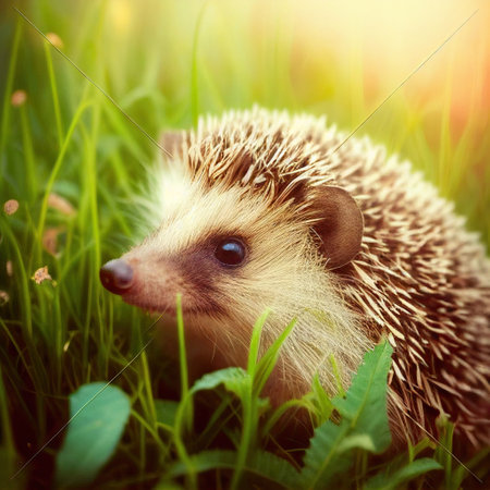 Small cute hedgehog pet on green grass outdoors on summer day.. Ai generativeの素材