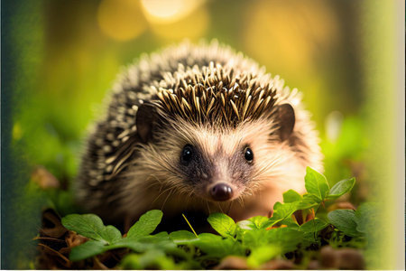 Small cute hedgehog pet on green grass outdoors on summer day.. Ai generativeの素材