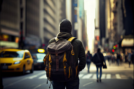 A tourist with a large backpack explores the city. AI Generativeの素材