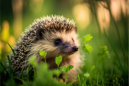 Small cute hedgehog pet on green grass outdoors on summer day.. Ai generativeの素材