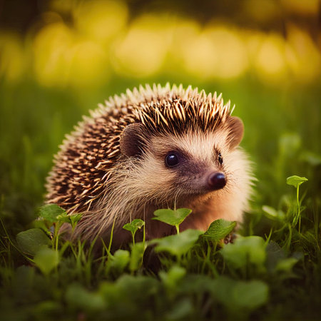 Small cute hedgehog pet on green grass outdoors on summer day.. Ai generativeの素材