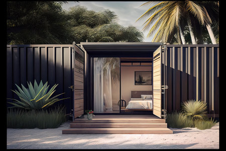 view of a luxury container house on tropical beach. freelance house. ai generativeの素材