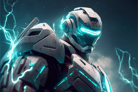 Awesome white cosmonaut robot, moving, cosmos background. ai generativeの素材